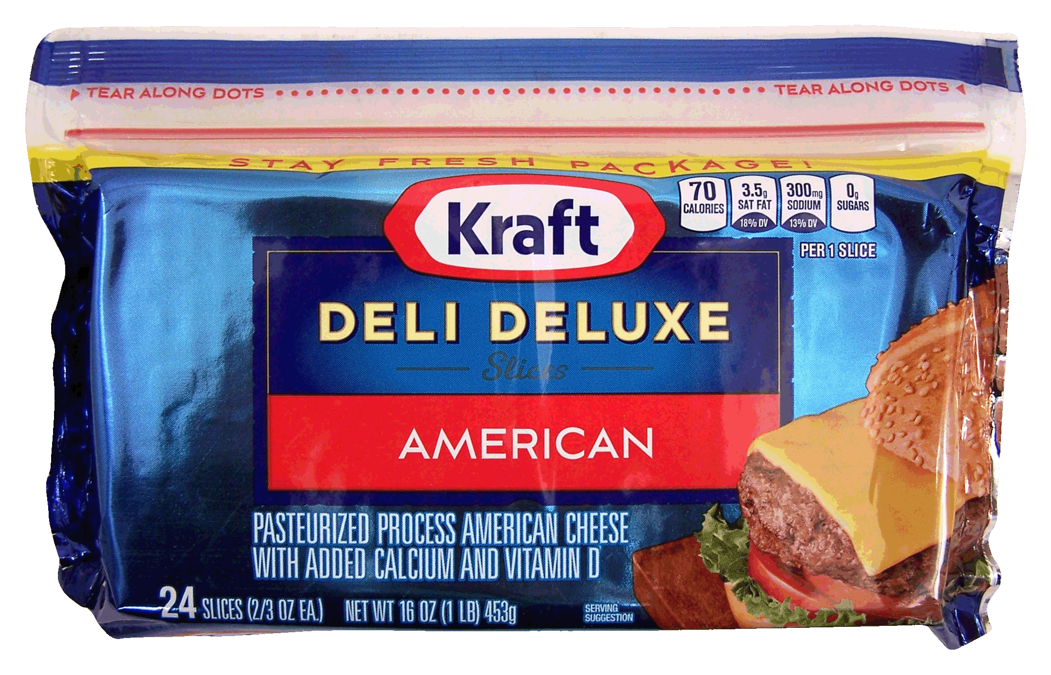 Kraft Deli Deluxe slices, pasteurized process american cheese with added calcium and vitamin, 24 slices Full-Size Picture